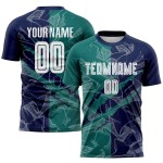 Custom Graffiti Pattern Teal-Navy Scratch Sublimation Soccer Uniform Jersey Custom Graffiti Pattern Teal-Navy Scratch Sublimation Soccer Uniform Jersey