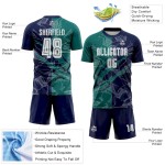 Custom Graffiti Pattern Teal-Navy Scratch Sublimation Soccer Uniform Jersey Custom Graffiti Pattern Teal-Navy Scratch Sublimation Soccer Uniform Jersey