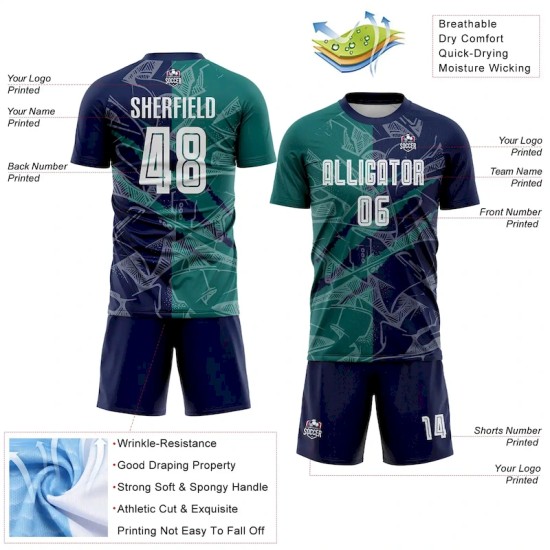 Custom Graffiti Pattern Teal-Navy Scratch Sublimation Soccer Uniform Jersey Custom Graffiti Pattern Teal-Navy Scratch Sublimation Soccer Uniform Jersey