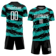 Custom Black White-Aqua Splash Sublimation Soccer Uniform Jersey