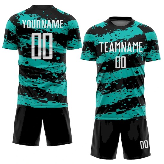 Custom Black White-Aqua Splash Sublimation Soccer Uniform Jersey