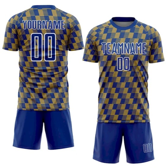 Custom Royal Old Gold-White Line Sublimation Soccer Uniform Jersey Custom Royal Old Gold-White Line Sublimation Soccer Uniform Jersey