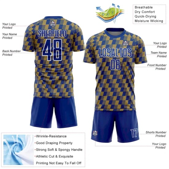 Custom Royal Old Gold-White Line Sublimation Soccer Uniform Jersey Custom Royal Old Gold-White Line Sublimation Soccer Uniform Jersey
