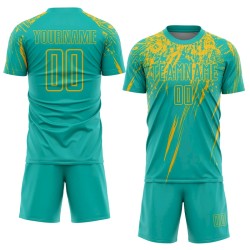 Custom Aqua Gold Sublimation Soccer Uniform Jersey Custom Aqua Gold Sublimation Soccer Uniform Jersey