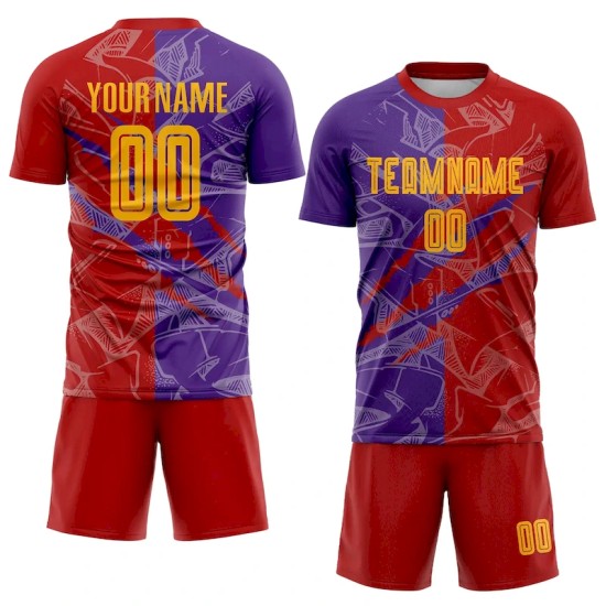 Custom Graffiti Pattern Yellow Red-Purple Scratch Sublimation Soccer Uniform Jersey Custom Graffiti Pattern Yellow Red-Purple Scratch Sublimation Soccer Uniform Jersey
