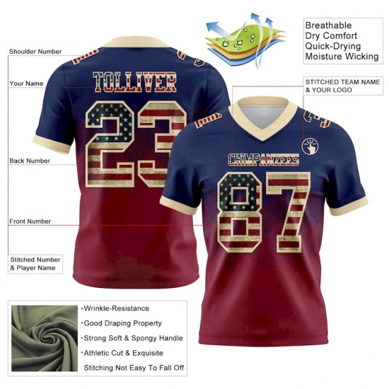 Custom Navy Vintage USA Flag Crimson-Cream Mesh Authentic Gradient Square Shape Flag Football Jersey