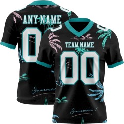 Custom Black White-Teal 3D Pattern Tropical Hawaii Palm Trees Mesh Authentic Football Jersey
