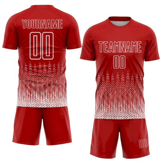 Custom Red White Geometric Shape Sublimation Soccer Uniform Jersey Custom Red White Geometric Shape Sublimation Soccer Uniform Jersey